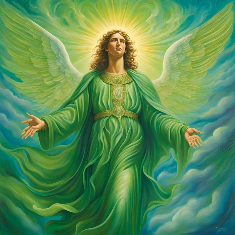 Anjo em vestes verdes com asas abertas