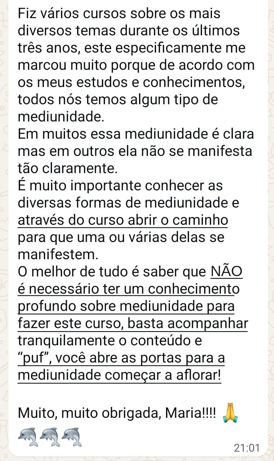 Depoimento 2 de participante do Abertura da Mediunidade, com trechos importantes sublinhados