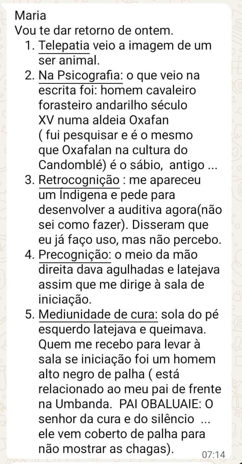 Depoimento 3 de participante do Abertura da Mediunidade, com trechos importantes sublinhados